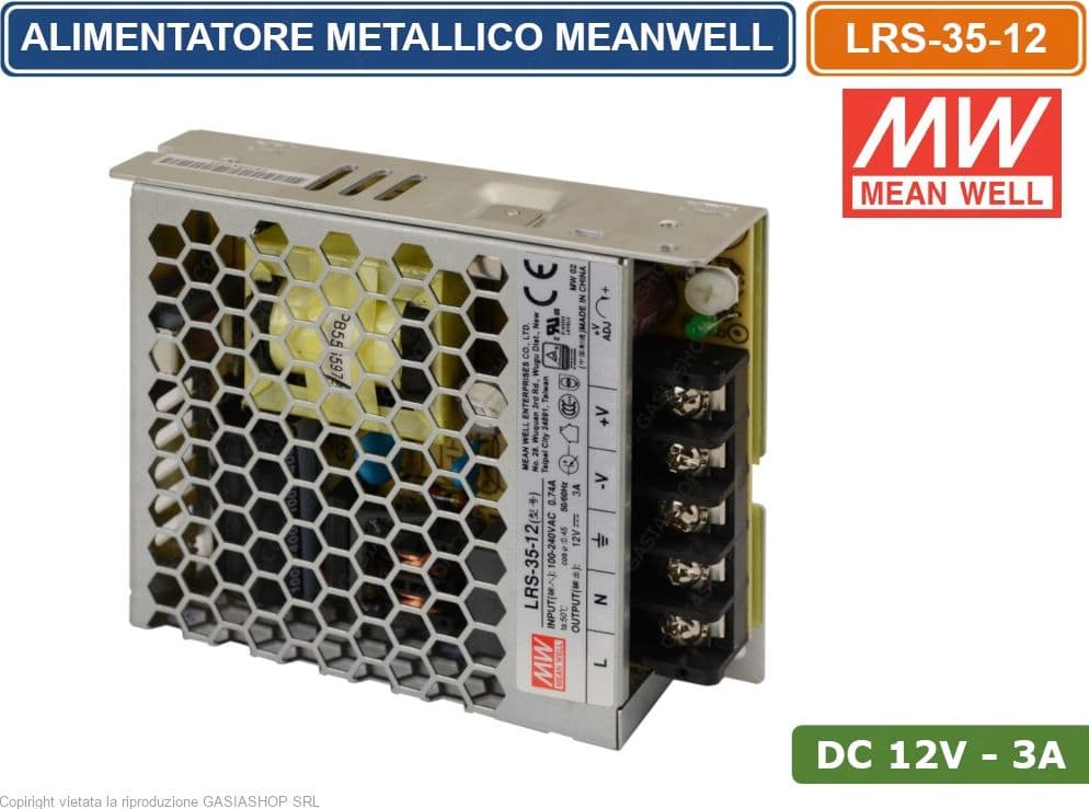 ALIMENTATORE SWITCHING METALLICO MEANWELL LRS-35-12 DC12V 3A 36W SINGOLA USCITA - 3