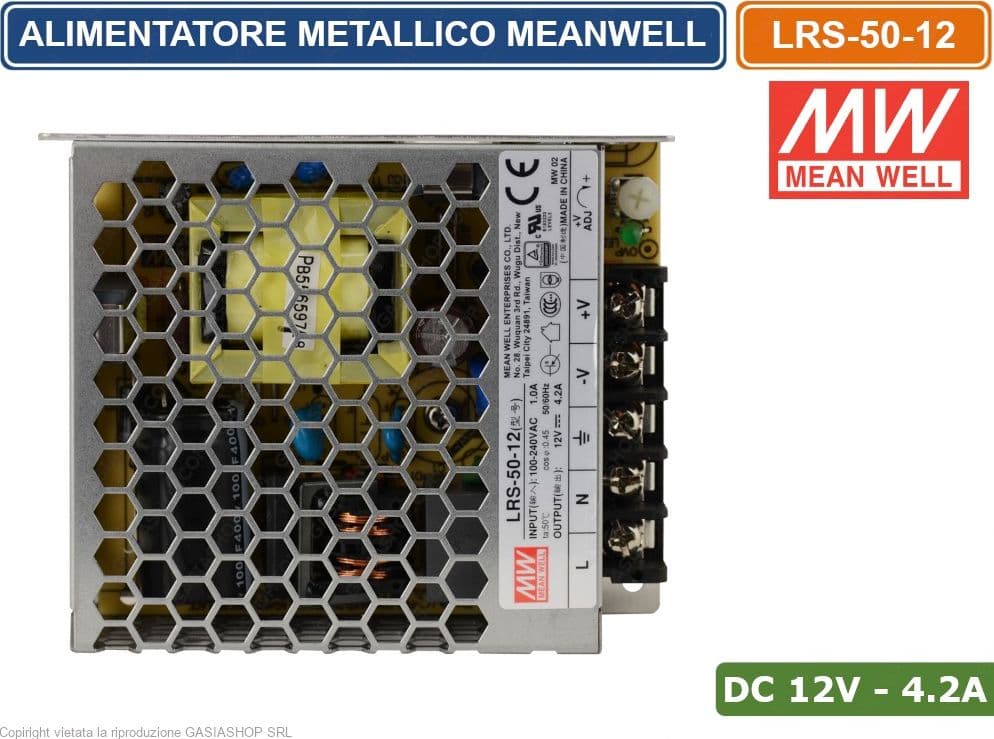 ALIMENTATORE SWITCHING METALLICO MEANWELL LRS-50-12 DC12V 4.2A 50W SINGOLA USCITA - 2