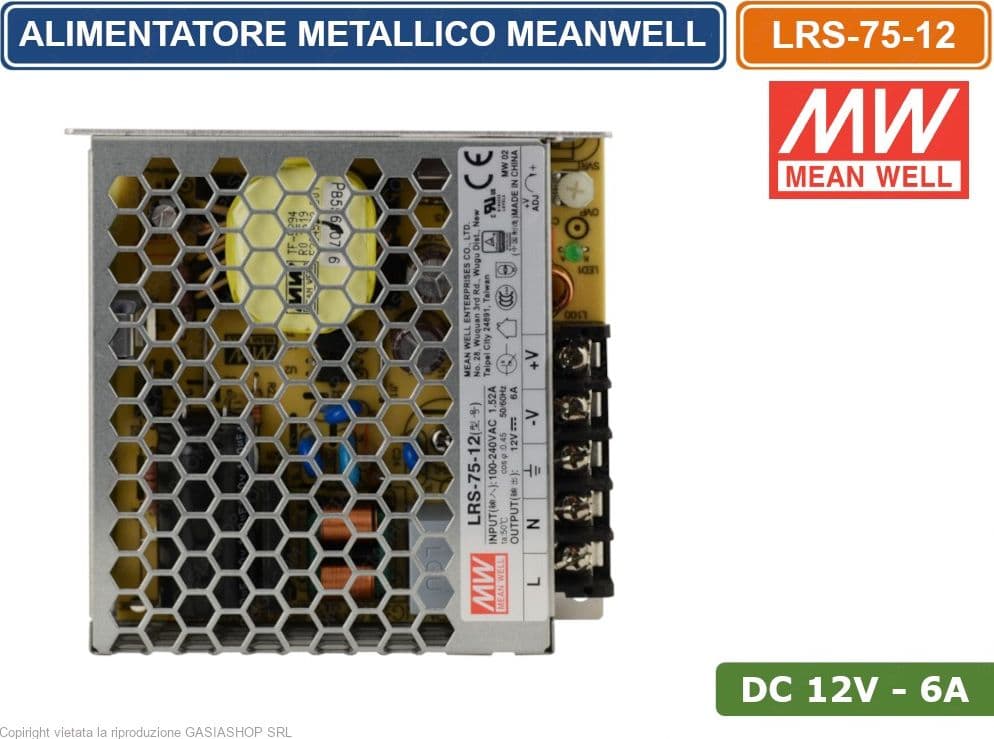 ALIMENTATORE SWITCHING METALLICO MEANWELL LRS-75-12 DC12V 6A 75W SINGOLA USCITA - 2
