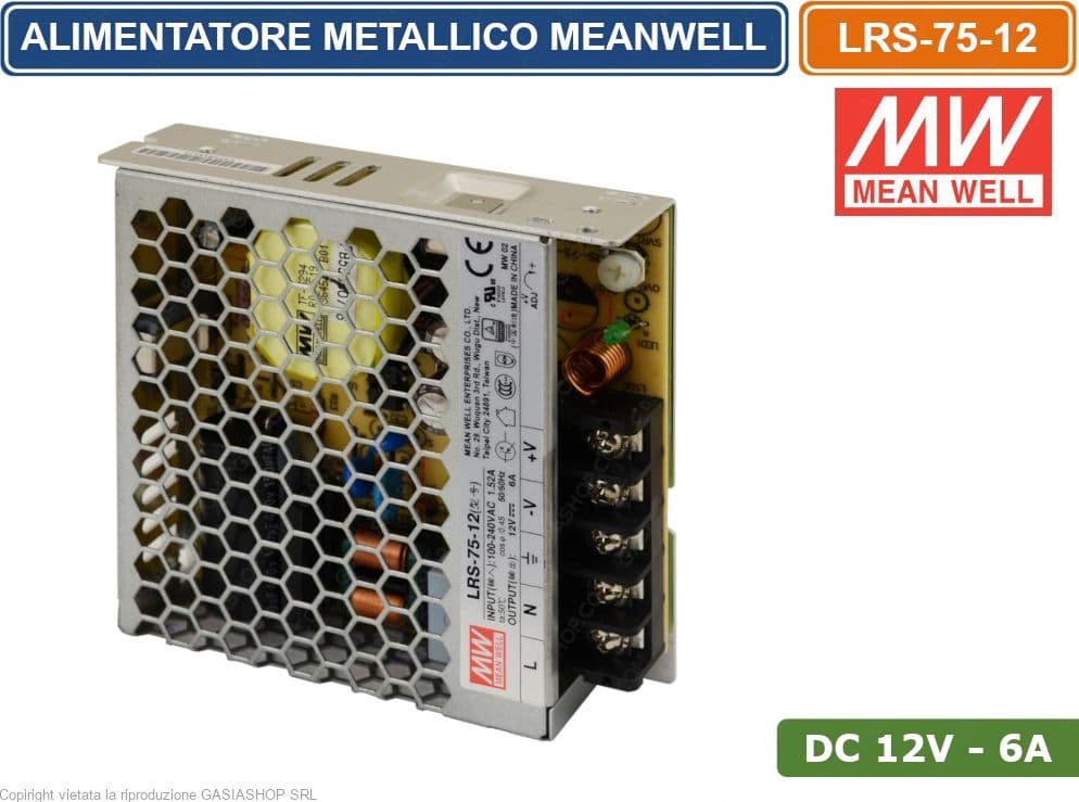 ALIMENTATORE SWITCHING METALLICO MEANWELL LRS-75-12 DC12V 6A 75W SINGOLA USCITA - 3