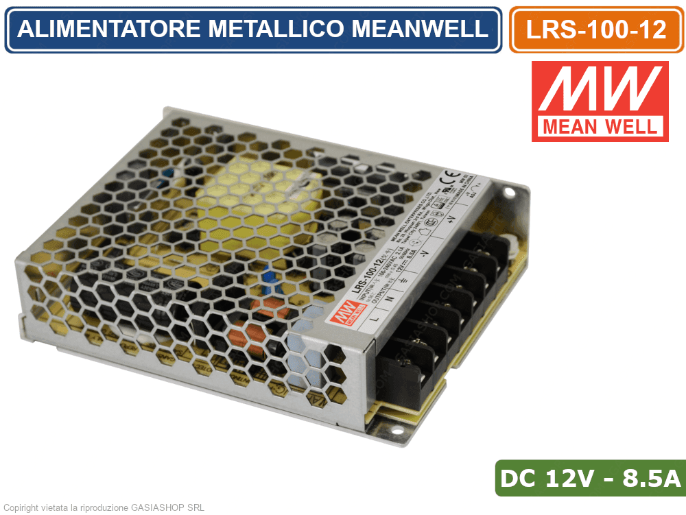 ALIMENTATORE SWITCHING METALLICO MEANWELL LRS-100-12 DC12V 8.5A 100W DOPPIA USCITA