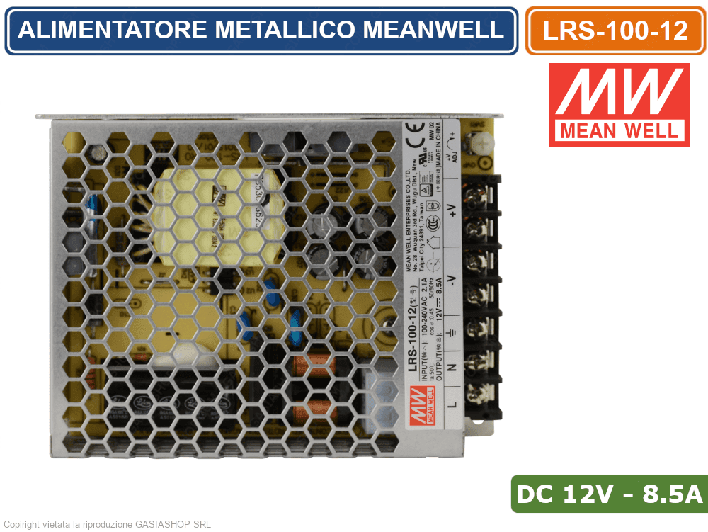 ALIMENTATORE SWITCHING METALLICO MEANWELL LRS-100-12 DC12V 8.5A 100W DOPPIA USCITA - 2