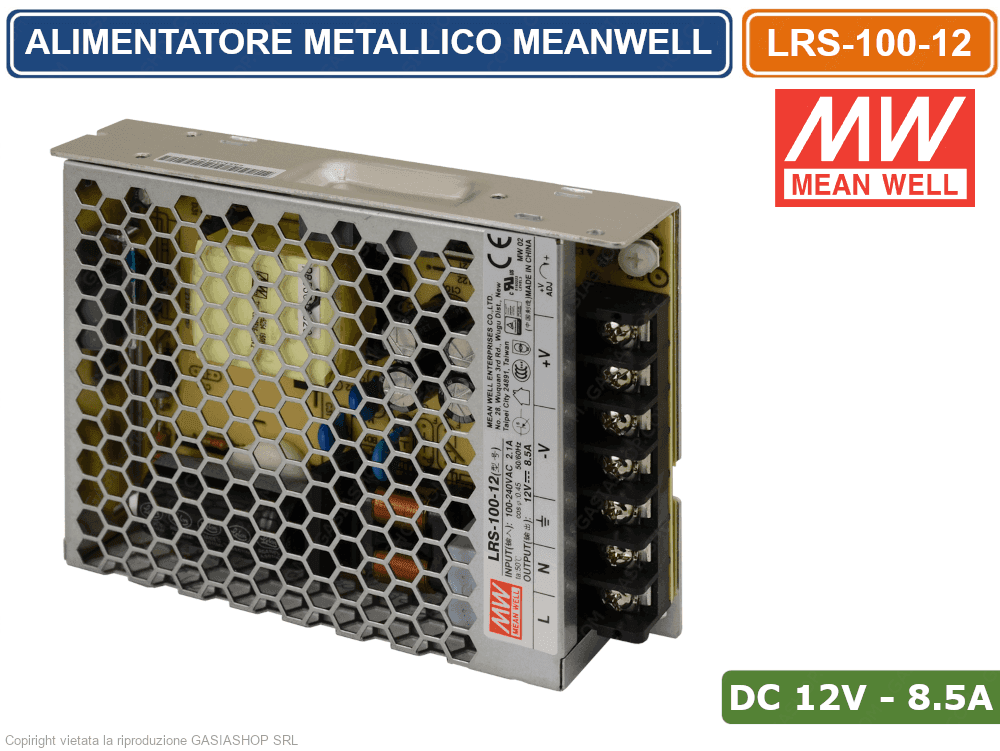 ALIMENTATORE SWITCHING METALLICO MEANWELL LRS-100-12 DC12V 8.5A 100W DOPPIA USCITA - 3