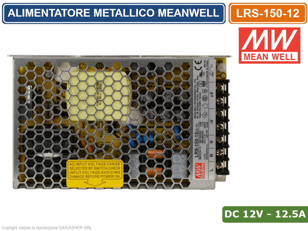 ALIMENTATORE SWITCHING METALLICO MEANWELL LRS-150-12 DC12V 12.5A 150W DOPPIA USCITA - 2