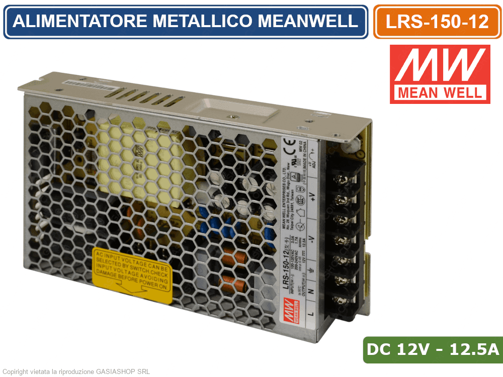 ALIMENTATORE SWITCHING METALLICO MEANWELL LRS-150-12 DC12V 12.5A 150W DOPPIA USCITA - 3