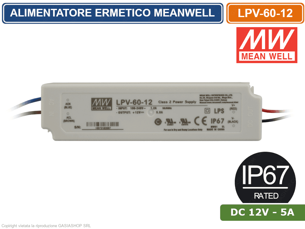 ALIMENTATORE DRIVER LED MEANWELL LPV-60-12 TENSIONE COSTANTE DC12V 5A 60W SINGOLA USCITA IP67 - 2