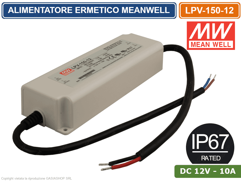 ALIMENTATORE DRIVER LED MEANWELL LPV-150-12 TENSIONE COSTANTE DC12V 10A 150W SINGOLA USCITA IP67 - 2