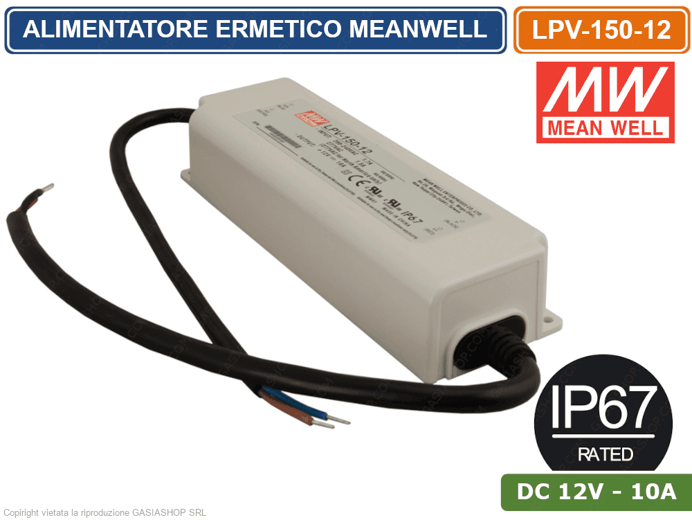 ALIMENTATORE DRIVER LED MEANWELL LPV-150-12 TENSIONE COSTANTE DC12V 10A 150W SINGOLA USCITA IP67 - 3
