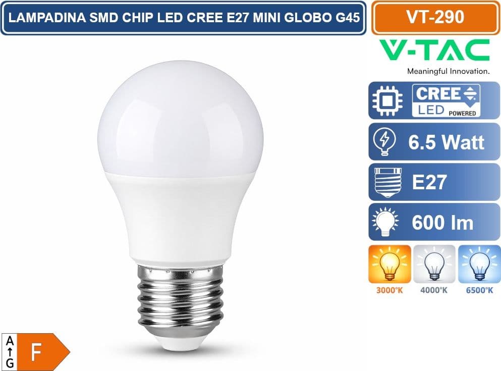 CONFEZIONE 5 PEZZI V-TAC VT-290 LAMPADINA LED E27 6.5W MINIGLOBO G45 CHIP LED CREE 3000K 4000K 6500K - 2