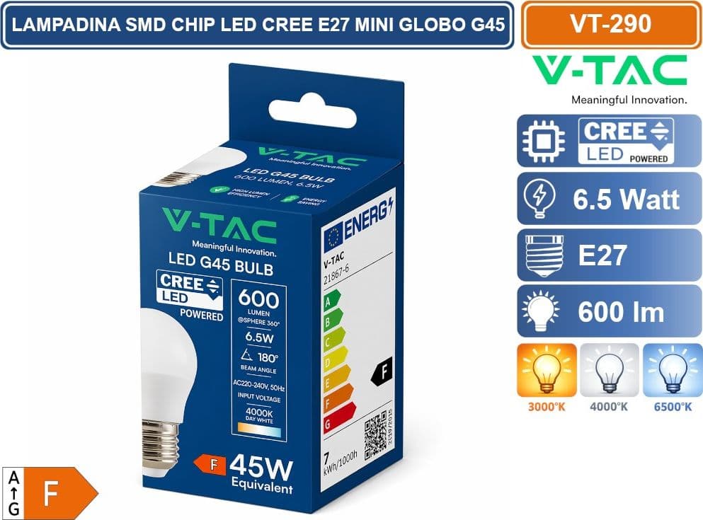 CONFEZIONE 5 PEZZI V-TAC VT-290 LAMPADINA LED E27 6.5W MINIGLOBO G45 CHIP LED CREE 3000K 4000K 6500K - 4