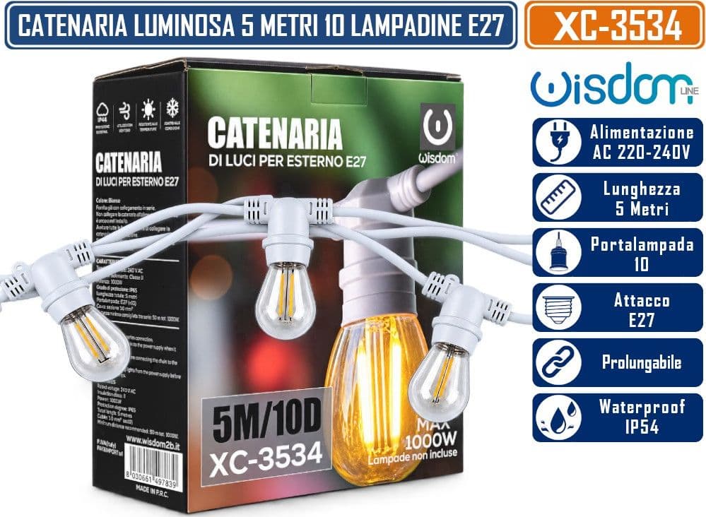 WISDOM XC-3534 CATENARIA LUMINOSA 5MT CON 10 PORTALAMPADE E27 CAVO BIANCO PROLUNGABILE FINO A 50MT DA ESTERNO IP54
