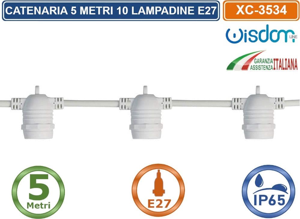 CATENA CATENARIA LUMINOSA 5 METRI BIANCA PER 10 LAMPADINE LED E27 PER ESTERNO IP65 - 2