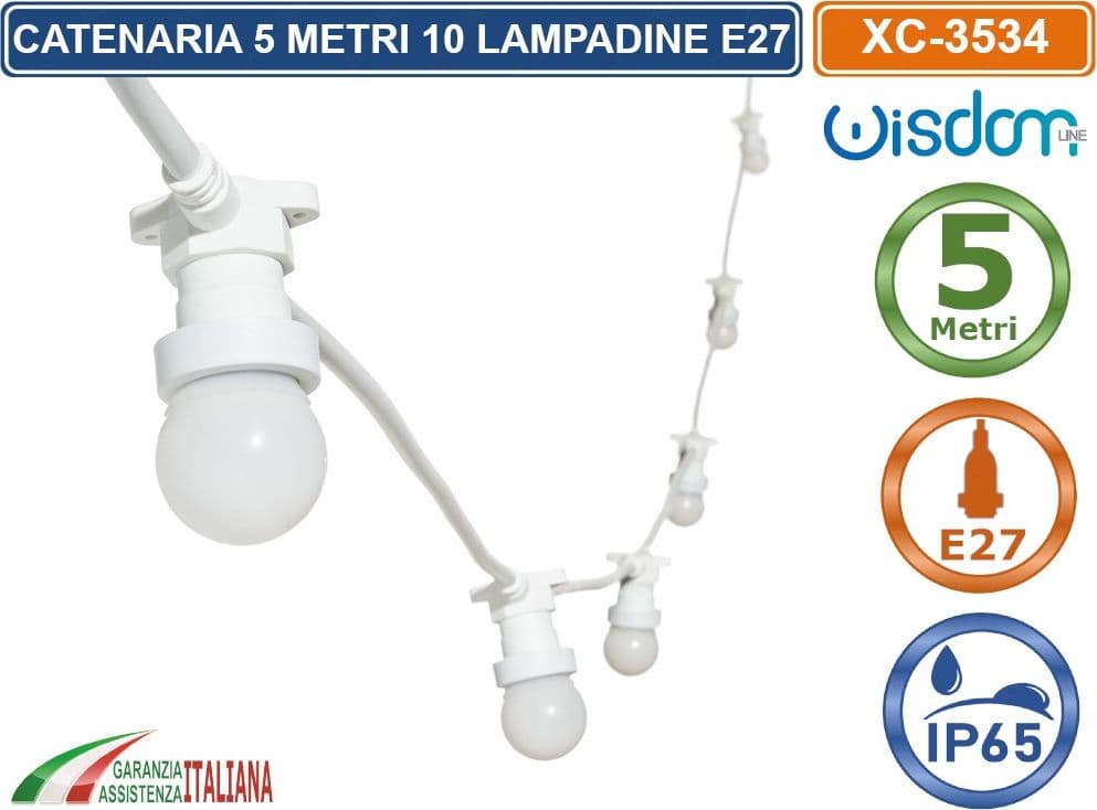 CATENA CATENARIA LUMINOSA 5 METRI BIANCA PER 10 LAMPADINE LED E27 PER ESTERNO IP65 - 3
