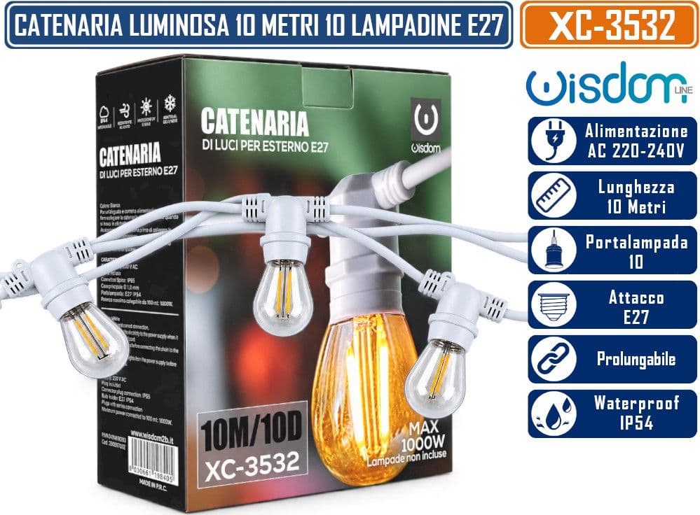 WISDOM XC-3532 CATENARIA LUMINOSA 10MT CON 10 PORTALAMPADE E27 CAVO BIANCO PROLUNGABILE FINO A 50MT DA ESTERNO IP54