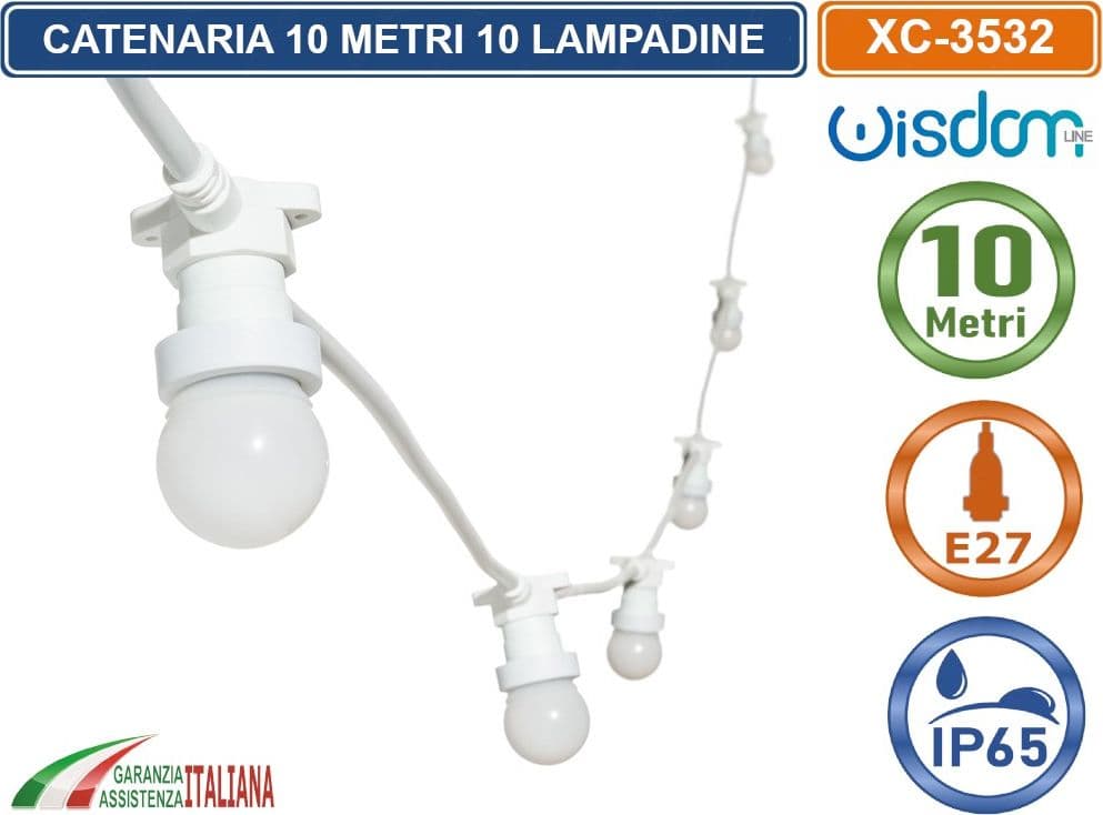 CATENA CATENARIA LUMINOSA 10 METRI BIANCA PER 10 LAMPADINE LED E27 DA ESTERNO IP65 - 2