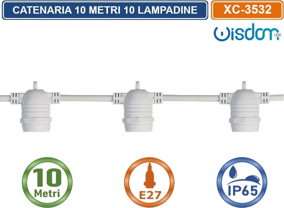 CATENA CATENARIA LUMINOSA 10 METRI BIANCA PER 10 LAMPADINE LED E27 DA ESTERNO IP65 - 3