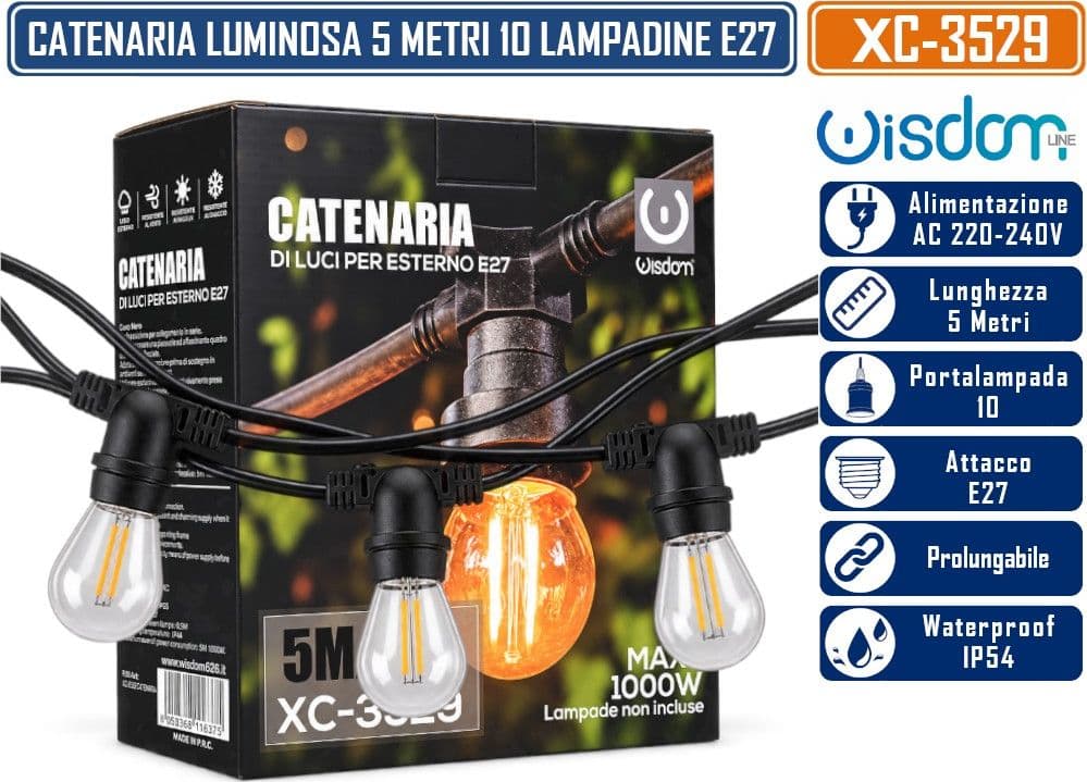 WISDOM XC-3529 CATENARIA LUMINOSA 5MT CON 10 PORTALAMPADE E27 CAVO NERO PROLUNGABILE FINO A 50MT DA ESTERNO IP54