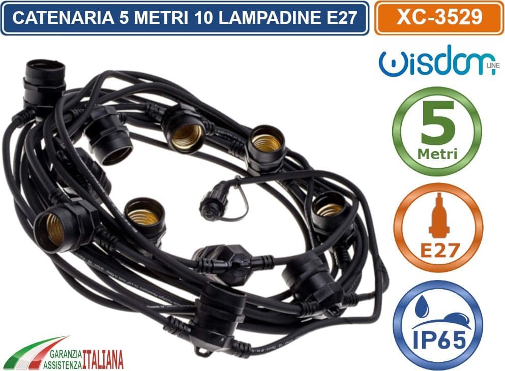 CATENA CATENARIA LUMINOSA 5 METRI NERA PER 10 LAMPADINE LED E27 PER ESTERNO IP65