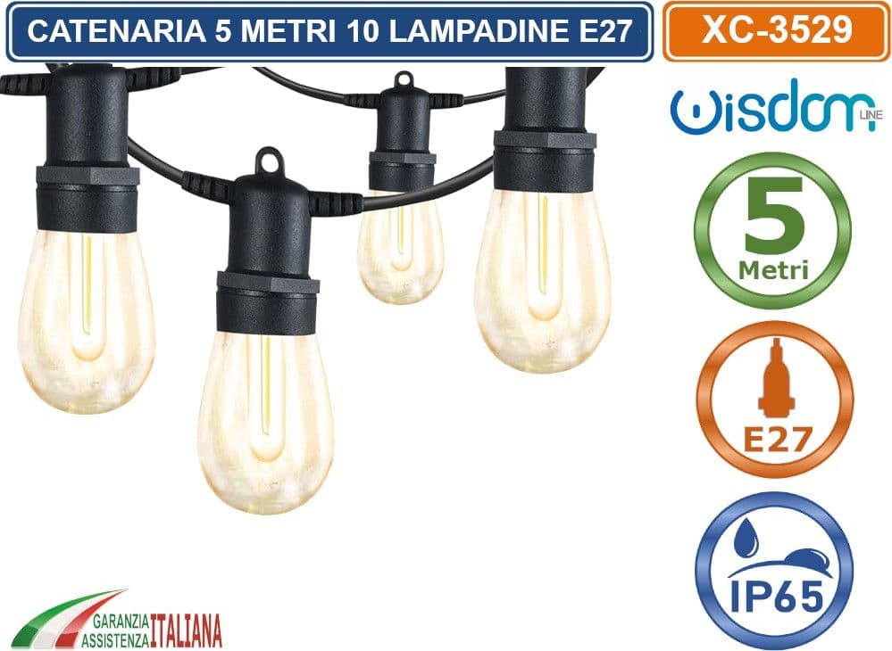 CATENA CATENARIA LUMINOSA 5 METRI NERA PER 10 LAMPADINE LED E27 PER ESTERNO IP65 - 2