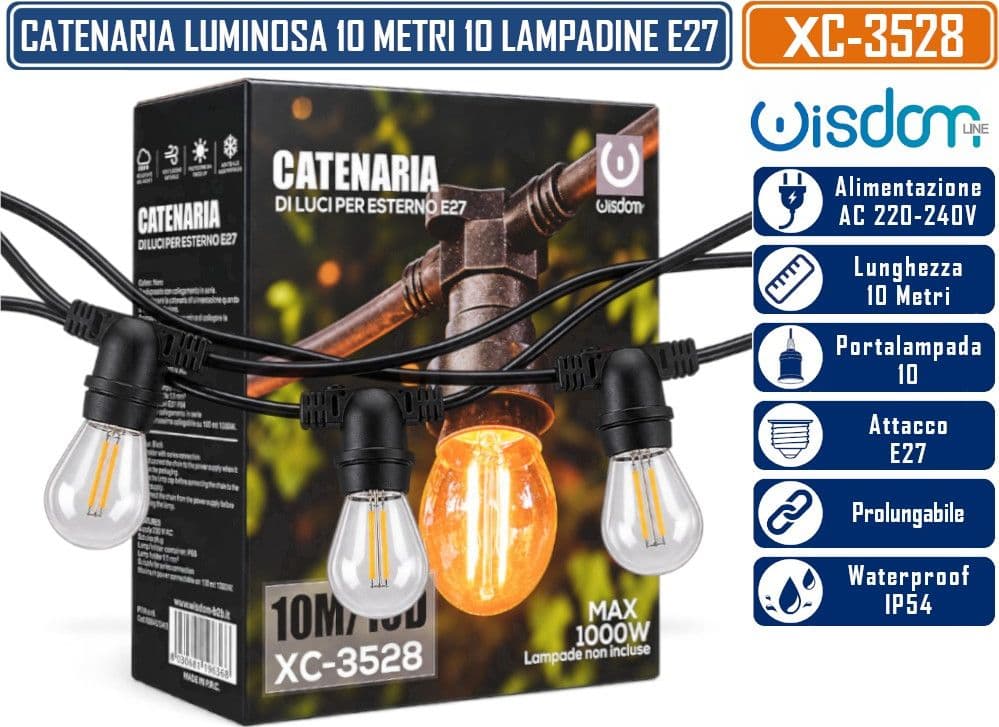 WISDOM XC-3528 CATENARIA LUMINOSA 10MT CON 10 PORTALAMPADE E27 CAVO NERO PROLUNGABILE FINO A 50MT DA ESTERNO IP54