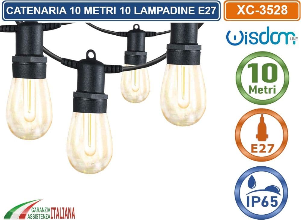 CATENA CATENARIA LUMINOSA 10 METRI NERA PER 10 LAMPADINE LED E27 DA ESTERNO IP65 - 2