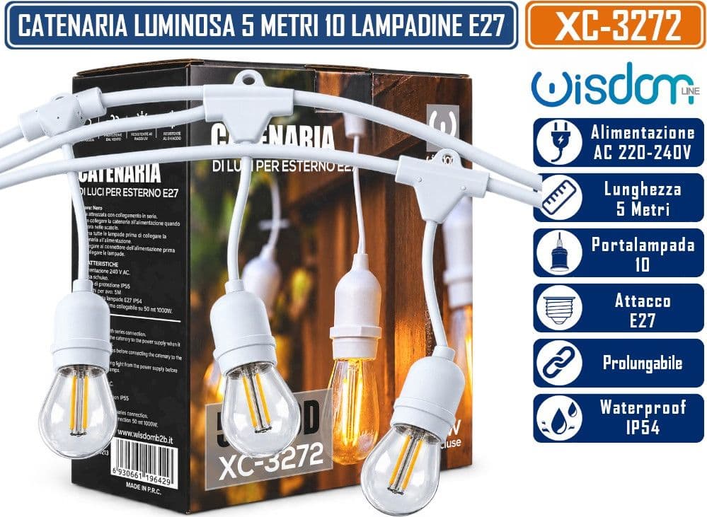 WISDOM XC-3272 CATENARIA LUMINOSA 5MT CON 10 PORTALAMPADE E27 PENDENTI CAVO BIANCO PROLUNGABILE FINO A 50MT DA ESTERNO IP54