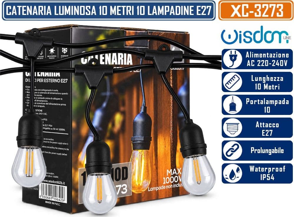 WISDOM XC-3273 CATENARIA LUMINOSA 10MT CON 10 PORTALAMPADE E27 PENDENTI CAVO NERO PROLUNGABILE FINO A 50MT DA ESTERNO IP54