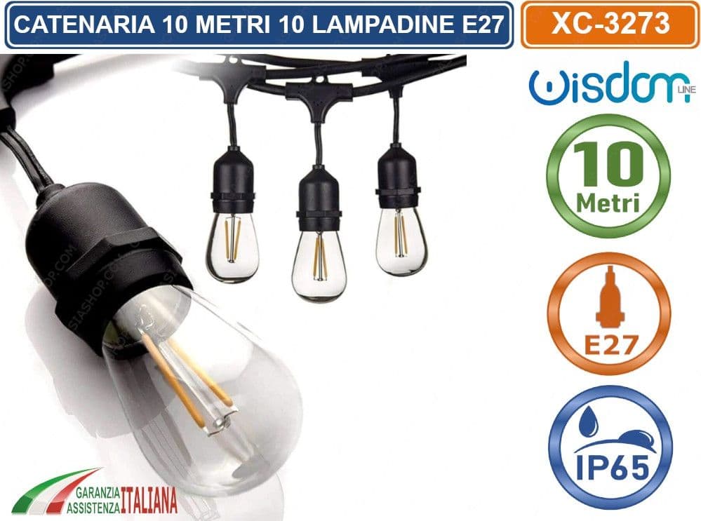 CATENA CATENARIA LUMINOSA 10 METRI NERA PER 10 LAMPADINE LED E27 DA ESTERNO IP65 PENDENTE - 2