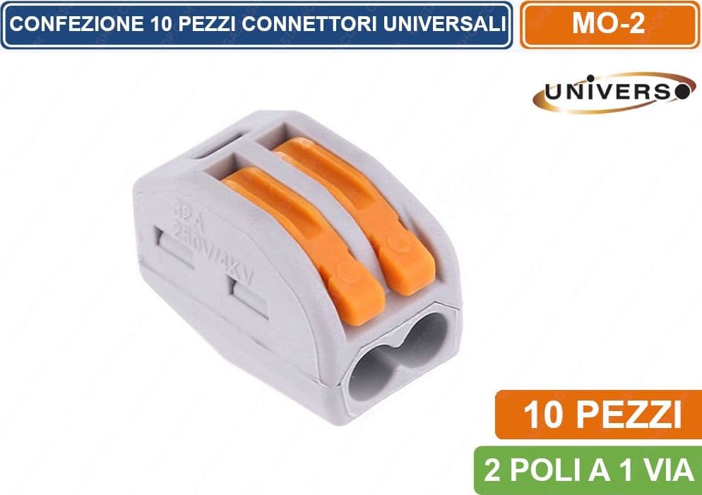 CONFEZIONE CON 10 CONNETTORI UNIVERSALI 2 POLI A 1 VIA - SKU MO-2