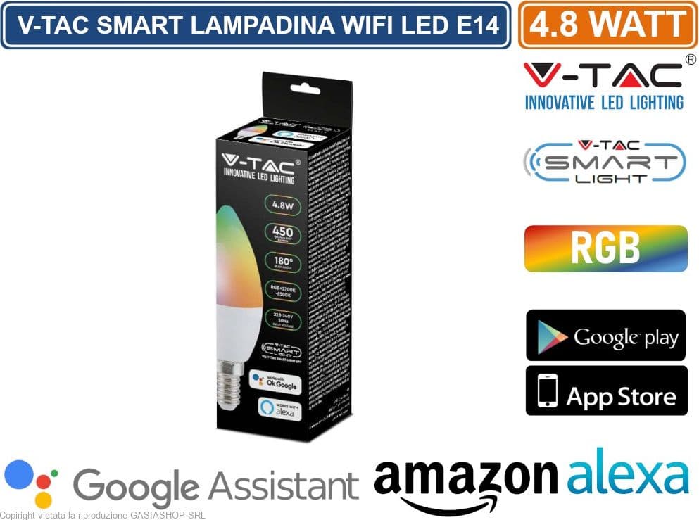 V-TAC SMART VT-5114 LAMPADINA LED WI-FI E14 4,8W CANDELA RGB+W 4IN1 DIMMERABILE - SKU 212754 - 2