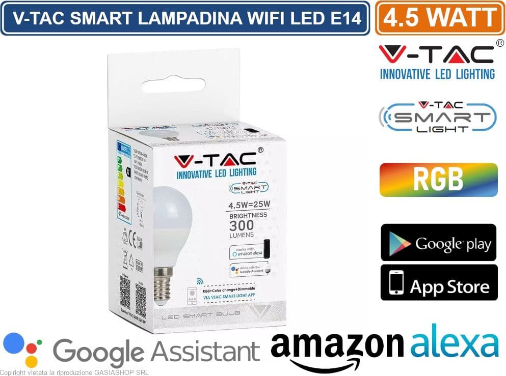 V-TAC SMART VT-5154 LAMPADINA LED WI-FI E14 4,5W MINIGLOBO P45 RGB+W 4IN1 DIMMERABILE - SKU 2756 - 2