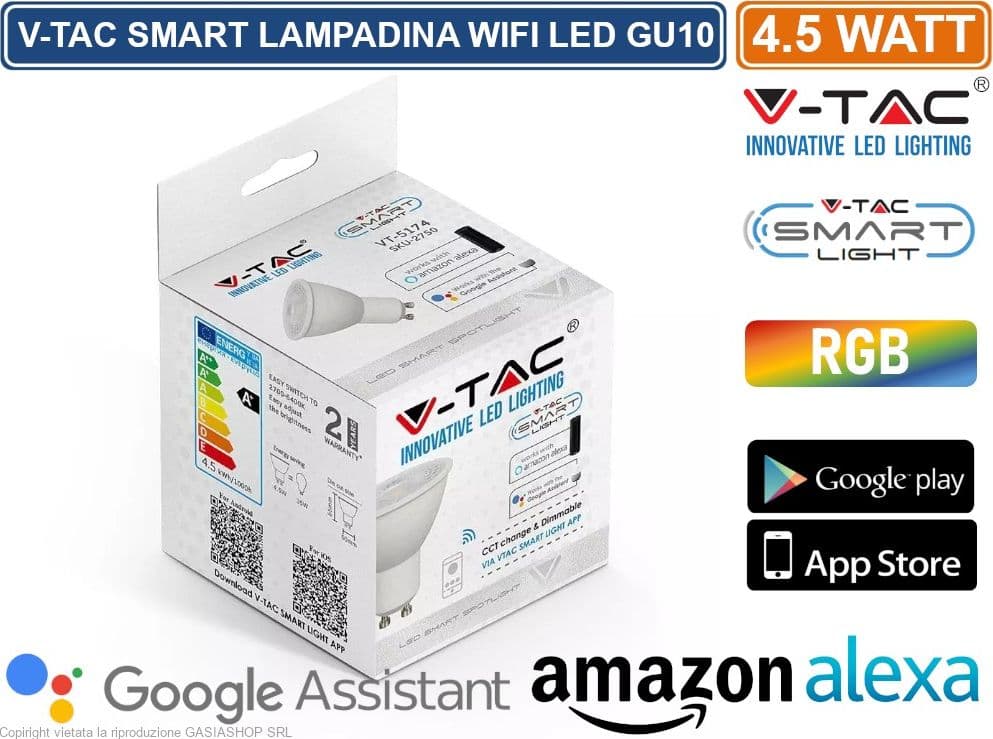 V-TAC SMART VT-5174 LAMPADINA LED WI-FI GU10 4,5W FARETTO SPOTLIGHT 110° CHANGING COLOR 3IN1 DIMMERABILE - SKU 2750 - 2