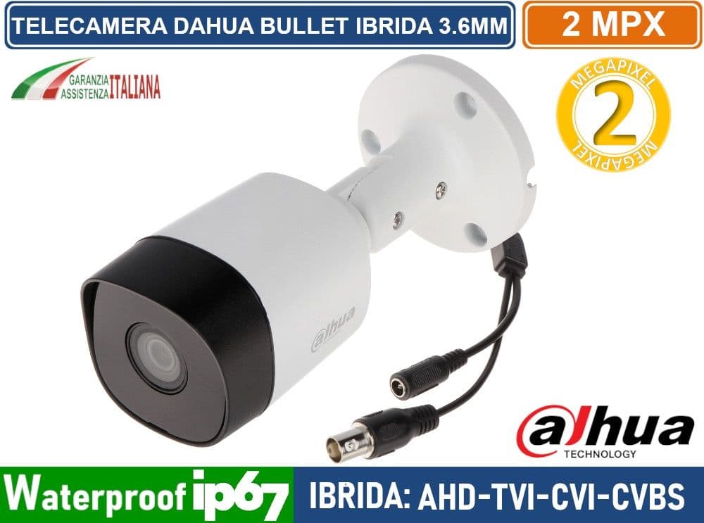 TELECAMERA DAHUA IBRIDA IN METALLO AHD CVI TVI CVBS 3.6MM 2.1 MP 1080P IR 20 METRI IP67 - 2
