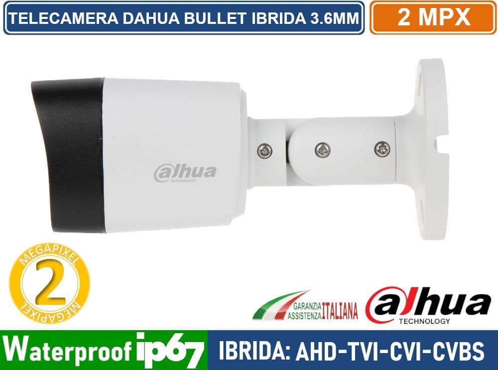TELECAMERA DAHUA IBRIDA IN METALLO AHD CVI TVI CVBS 3.6MM 2.1 MP 1080P IR 20 METRI IP67 - 3