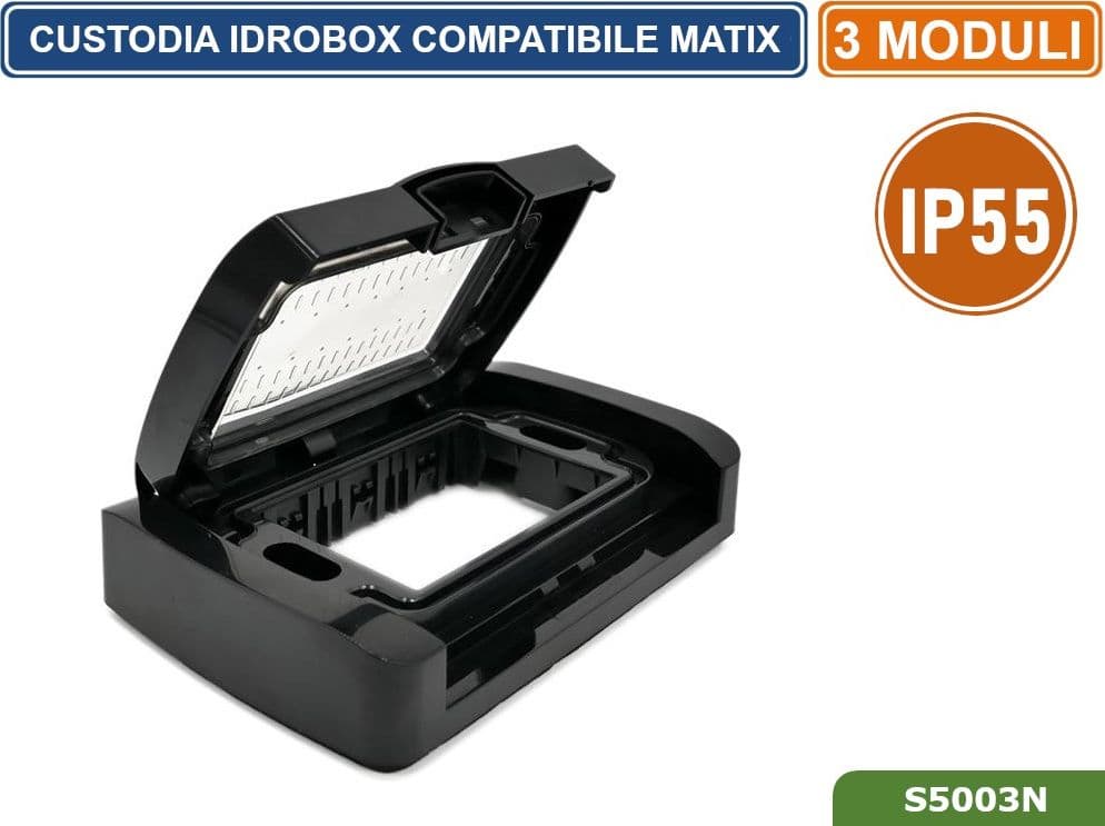 PLACCA COPERTURA STAGNA 3M  IDROBOX 3 MODULI NERA IP55 COMPATIBILE SERIE BTICINO MATIX - 2