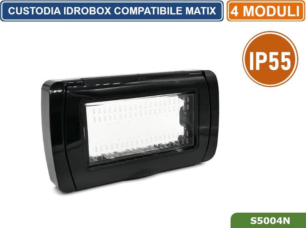 PLACCA COPERTURA STAGNA 4M  IDROBOX 4 MODULI NERA IP55 COMPATIBILE SERIE BTICINO MATIX