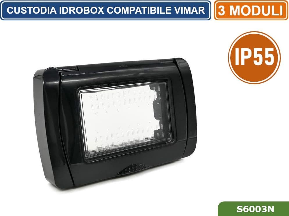 PLACCA COPERTURA STAGNA 3M  IDROBOX 3 MODULI NERA IP55 COMPATIBILE SERIE VIMAR PLANA