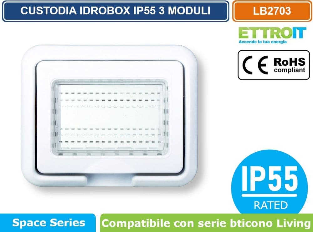 ETTROIT LB2703 PLACCA COPERTURA STAGNA 3M  IDROBOX 3 MODULI BIANCA IP55 COMPATIBILE SERIE BTICINO LIVING - 2