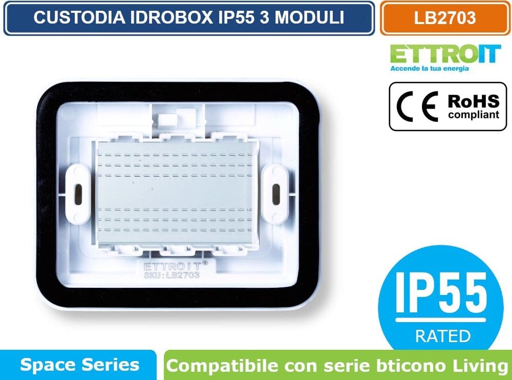 ETTROIT LB2703 PLACCA COPERTURA STAGNA 3M  IDROBOX 3 MODULI BIANCA IP55 COMPATIBILE SERIE BTICINO LIVING - 3