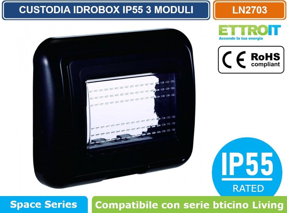 ETTROIT PLACCA COPERTURA STAGNA 3P IDROBOX 3 MODULI NERA IP55 COMPATIBILE SERIE BTICINO LIVING