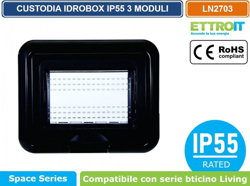 ETTROIT PLACCA COPERTURA STAGNA 3P IDROBOX 3 MODULI NERA IP55 COMPATIBILE SERIE BTICINO LIVING - 2
