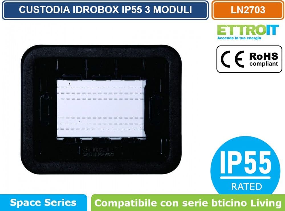 ETTROIT PLACCA COPERTURA STAGNA 3P IDROBOX 3 MODULI NERA IP55 COMPATIBILE SERIE BTICINO LIVING - 3