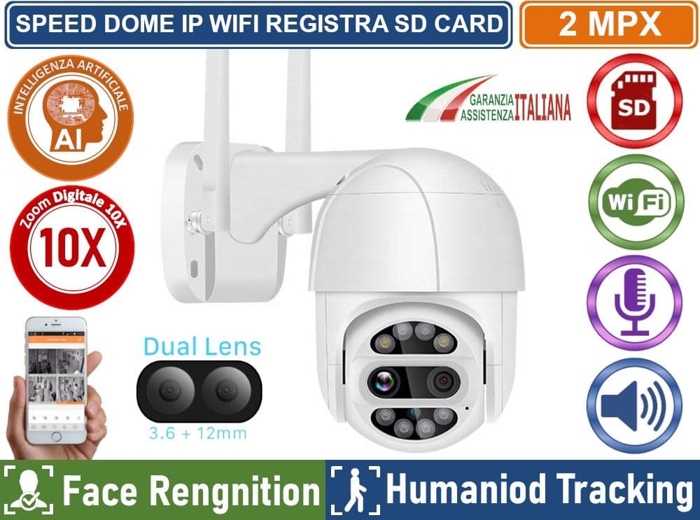 TELECAMERA WIFI IP INTELLIGENT SPEED DOME CAMERA ZOOM 10X IP66 2MP REGISTRA SU CLOUD E SD CARD