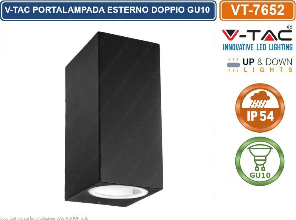 V-TAC VT-7652 PORTALAMPADA DOPPIO WALL LIGHT DA MURO PER 2 LAMPADINE GU10 IP44 NERO - SKU 7511 - 6