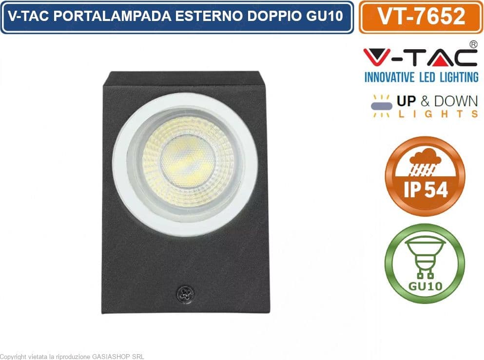 V-TAC VT-7652 PORTALAMPADA DOPPIO WALL LIGHT DA MURO PER 2 LAMPADINE GU10 IP44 NERO - SKU 7511 - 2