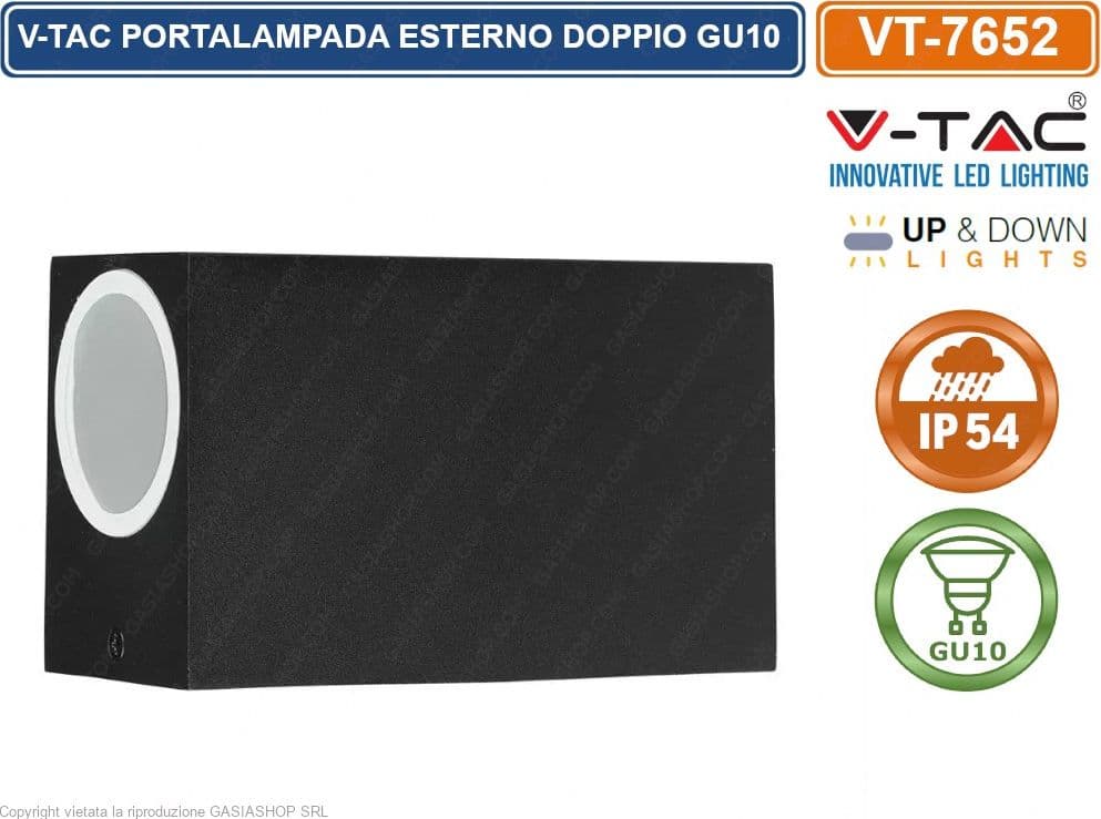 V-TAC VT-7652 PORTALAMPADA DOPPIO WALL LIGHT DA MURO PER 2 LAMPADINE GU10 IP44 NERO - SKU 7511 - 3