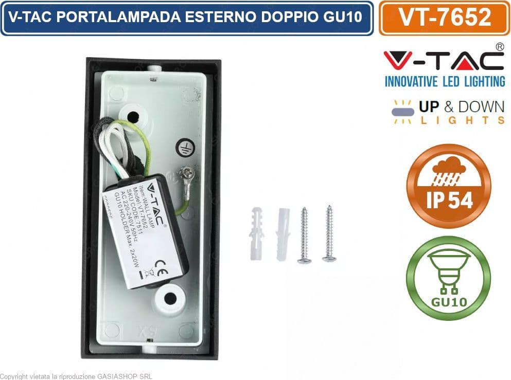 V-TAC VT-7652 PORTALAMPADA DOPPIO WALL LIGHT DA MURO PER 2 LAMPADINE GU10 IP44 NERO - SKU 7511 - 4