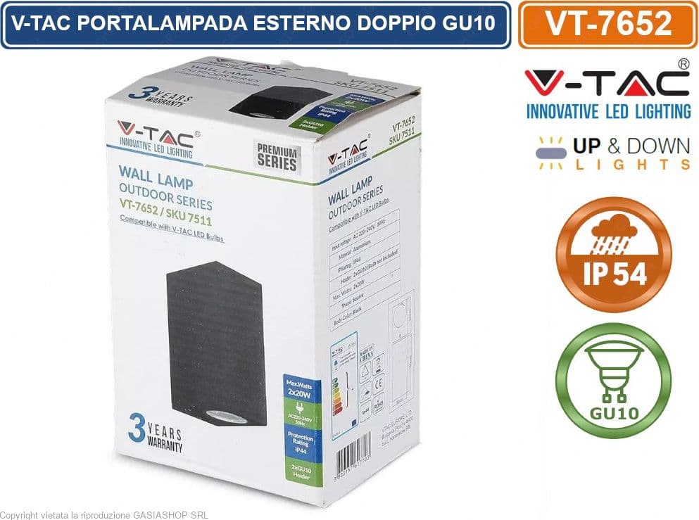 V-TAC VT-7652 PORTALAMPADA DOPPIO WALL LIGHT DA MURO PER 2 LAMPADINE GU10 IP44 NERO - SKU 7511 - 5