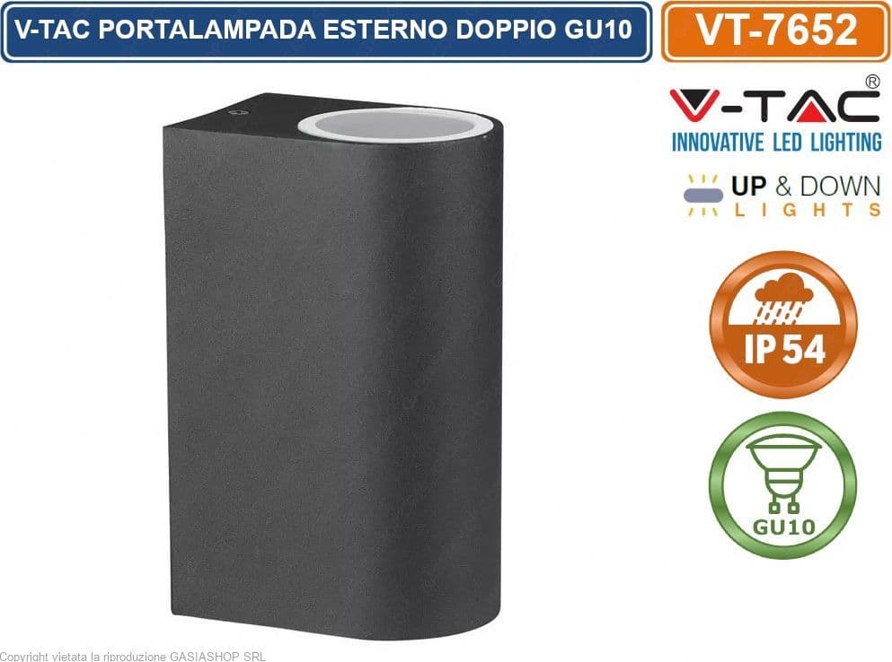 V-TAC VT-7652 PORTALAMPADA DOPPIO WALL LIGHT DA MURO PER 2 LAMPADINE GU10 IP44 NERO - SKU 7509 - 5