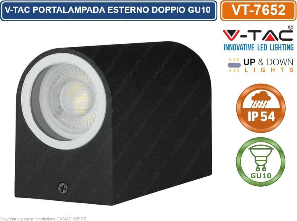 V-TAC VT-7652 PORTALAMPADA DOPPIO WALL LIGHT DA MURO PER 2 LAMPADINE GU10 IP44 NERO - SKU 7509 - 2